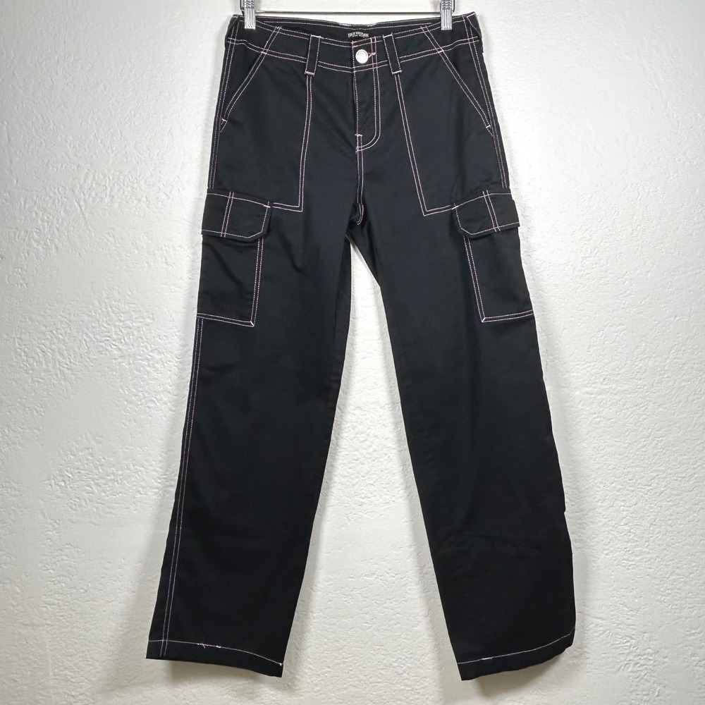 True Religion Black Pink Contrast Stitch Cargo Pants Military Straight Size 27